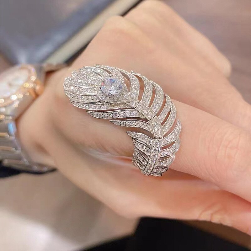 925 Sterling Silver Feather Diamond Ring for Women