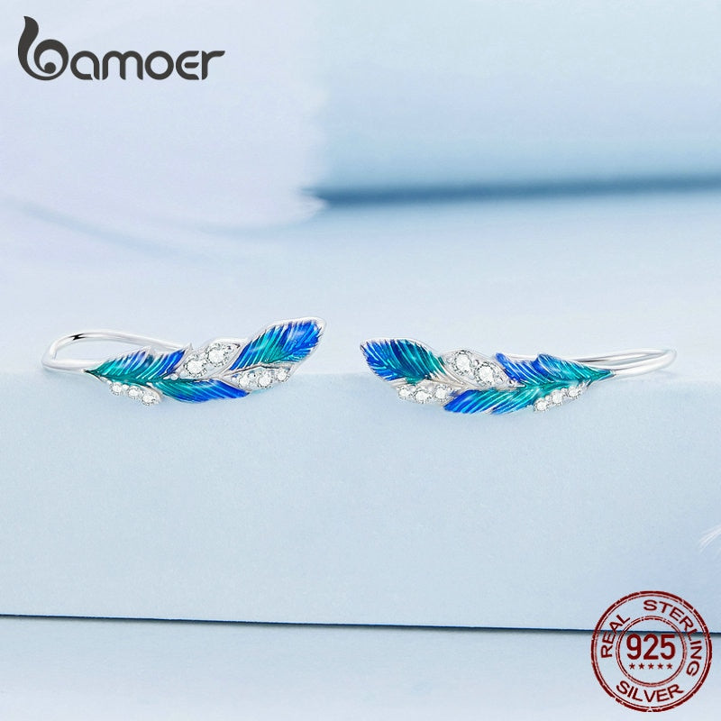 Sterling Silver Blue Feather Earrings with Pave CZ for Women