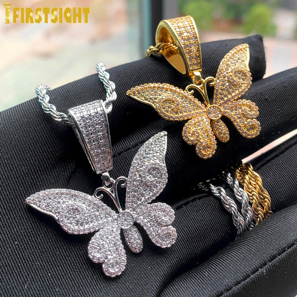 Gold or Silver Butterfly Pendant Necklace with Cubic Zircon, Iced Out, for Men or Women