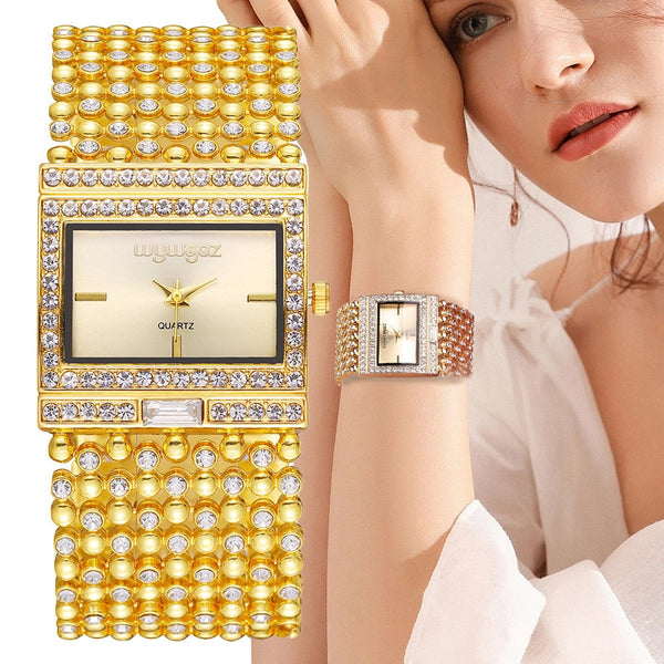 Stainless Steel Diamond Accented Quartz Square Watch for Women