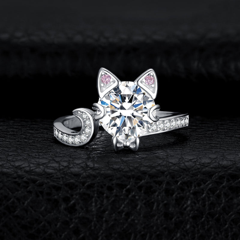 Sterling Silver 3ct Round Gemstone Open Adjustable Love Cat Ring for Women