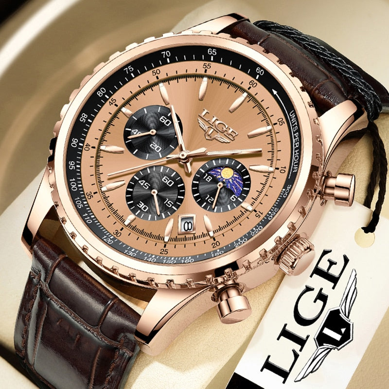 Stainless Steel Leather Quartz Chronograph Watch for Men