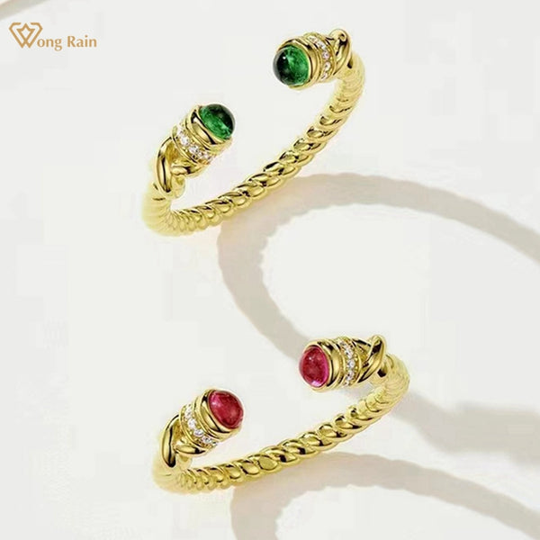 Wong Rain 18K Gold Plated 925 Sterling Silver Lab Emerald Ruby Gemstone Luxury Vintage Fine Open Ring for Women Jewelry Gifts