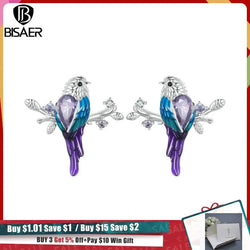 Sterling Silver Enamel Bird Stud Earrings with Purple Zircon for Woman