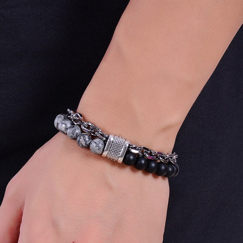 Stainless Steel Natural Map Stone Beaded Bracelet for Men