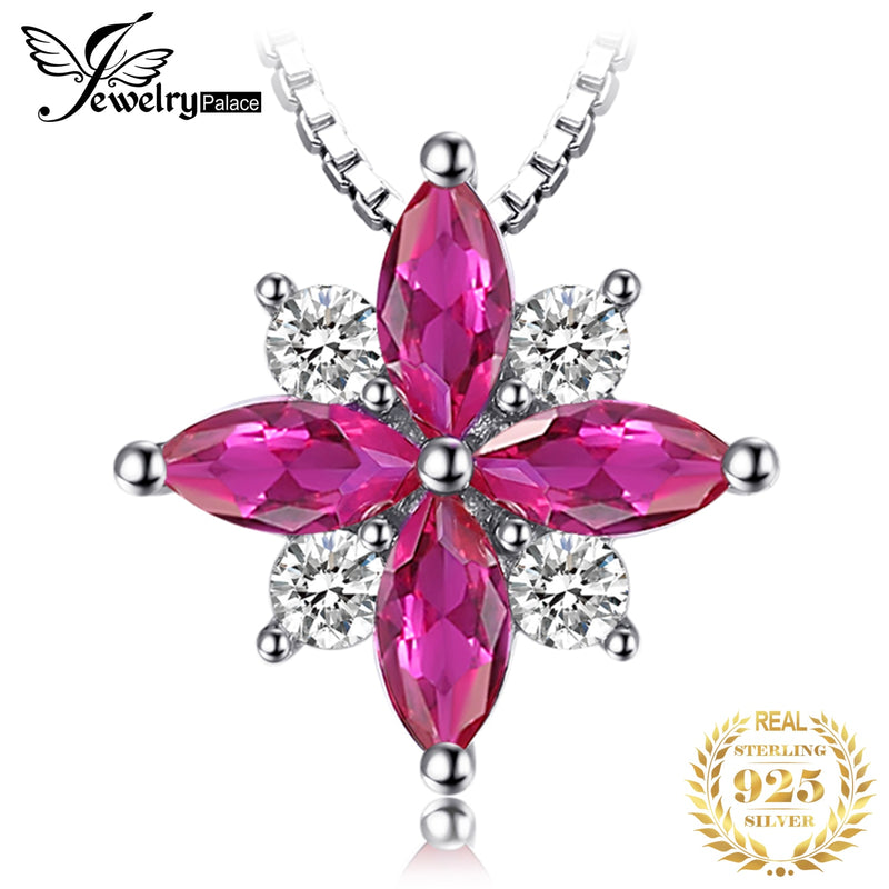 Sterling Silver Flowers Created Ruby Pendant Necklace for Woman