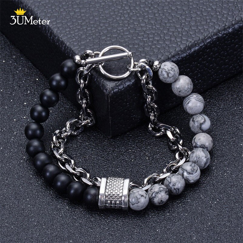 Stainless Steel Natural Map Stone Beaded Bracelet for Men