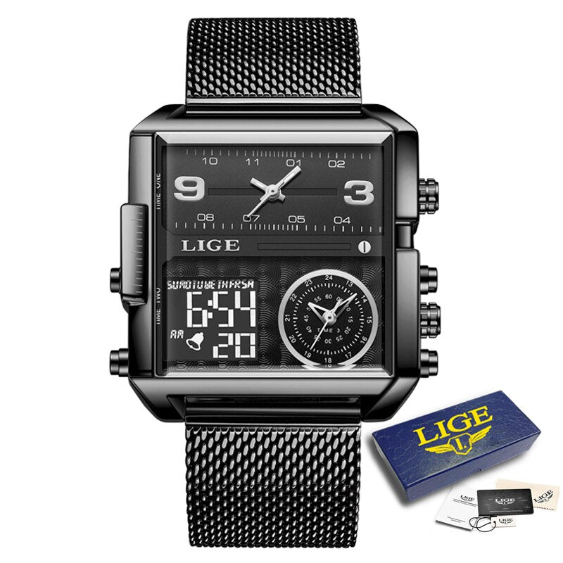 Gold Steel Square Digital Analog Quartz Watch for Man