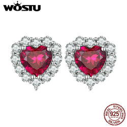 925 Sterling Silver Ruby Red Zircon Heart Stud Earrings for Women