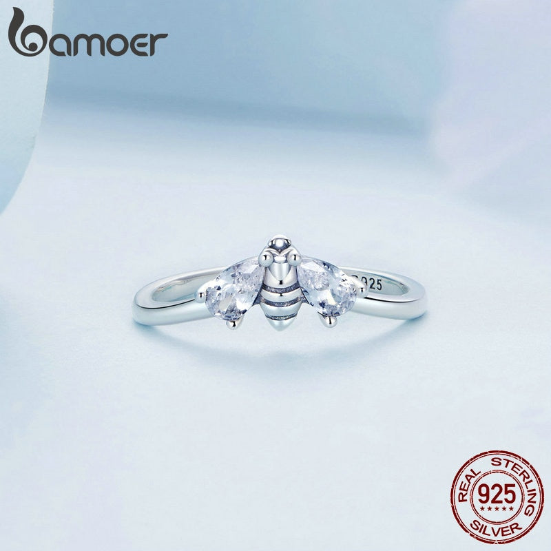 925 Sterling Silver Clear Zircon Little Bee Ring for Women