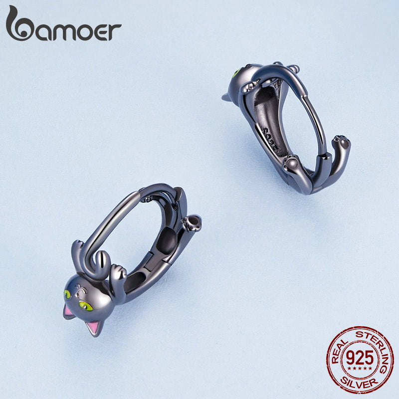 Sterling Silver Black Gold Plated Animal Hoop Earrings with Black Cat Ear Buckles for Women