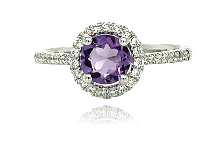 AMETHYST ROUND HALO RING IN 925 STERLING SILVER