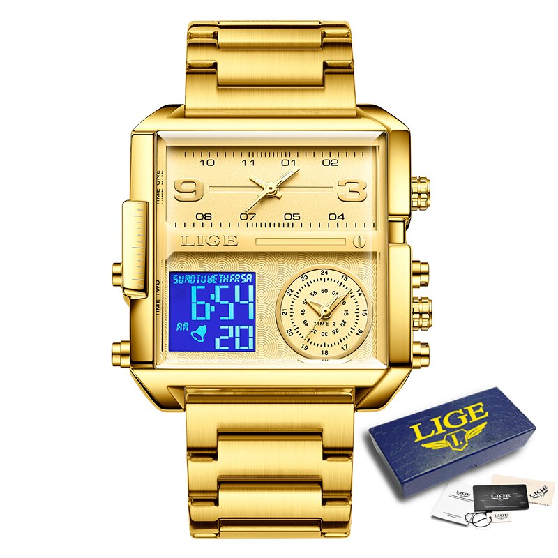 Gold Steel Square Digital Analog Quartz Watch for Man