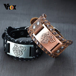 Leather Wolf Viking Compass Charm Bracelet for Men