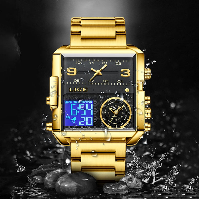 Gold Steel Square Digital Analog Quartz Watch for Man