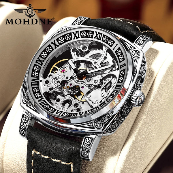 Stainless Steel Square Transparent Skeleton Mechanical Watch for Men