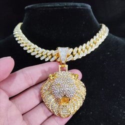 Men Women Hip Hop Lion Pendant Necklace with 13mm Crystal Cuban Chain Iced Out Bling HipHop Animal Necklaces Fashion Jewelry