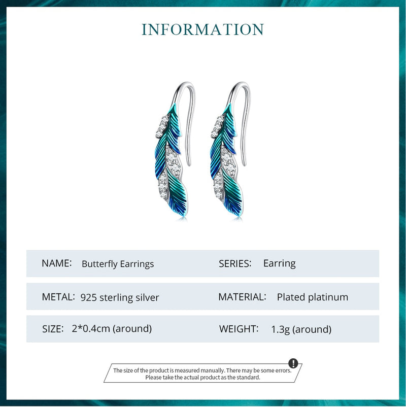 Bamoer 925 Sterling Silver Blue Feathers Earrings Pave Setting CZ for Women Birthday Gift Chic Dazzling Fine Jewelry BSE707