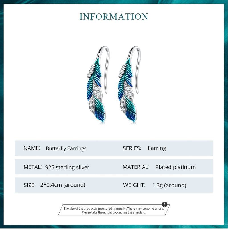 Sterling Silver Blue Feather Earrings with Pave CZ for Women