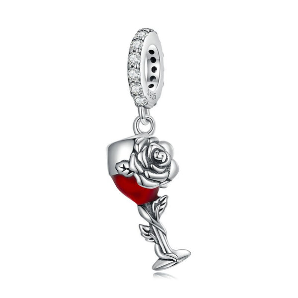 Sterling Silver Rose Flower Charms Wine Cup Pendant with Cherry Beads for DIY Necklace Jewelry.