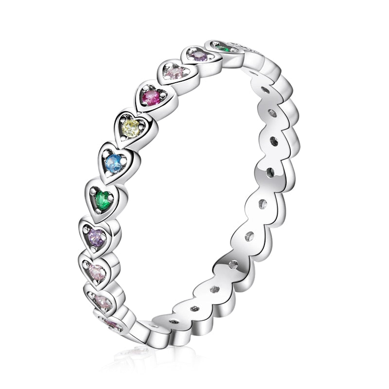 925 Sterling Silver Rainbow Zircon Heart Rings for Women