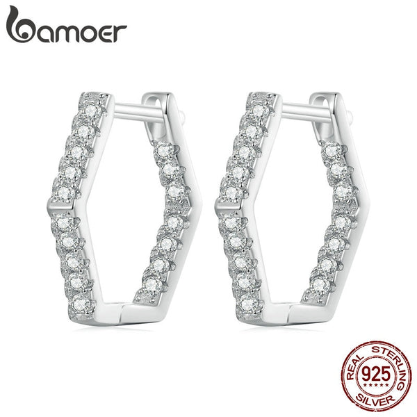 925 Sterling Silver Zircon Hexagonal Hoop Earrings for Women