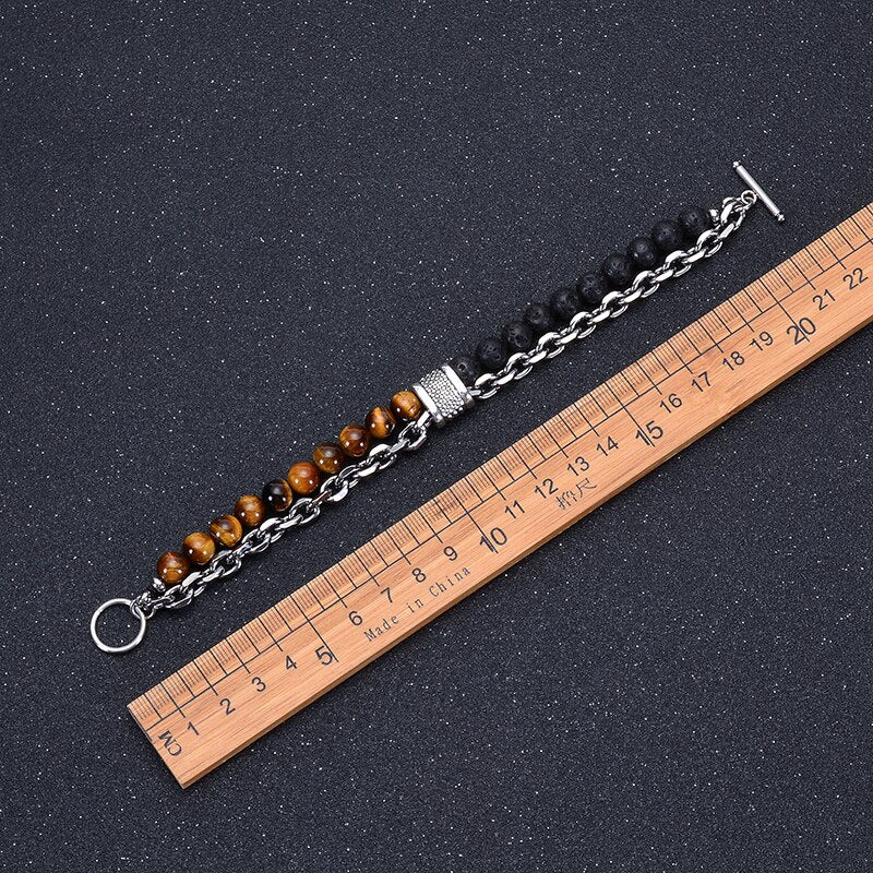 Stainless Steel Natural Map Stone Beaded Bracelet for Men