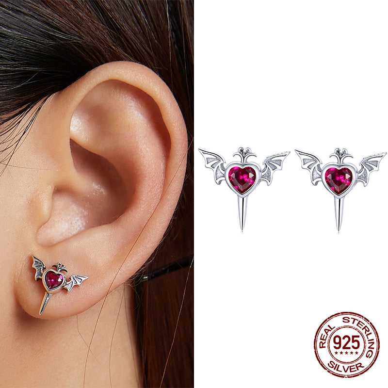 Sterling Silver Heart Wings Stud Earrings with Red & Black Zircon for Women