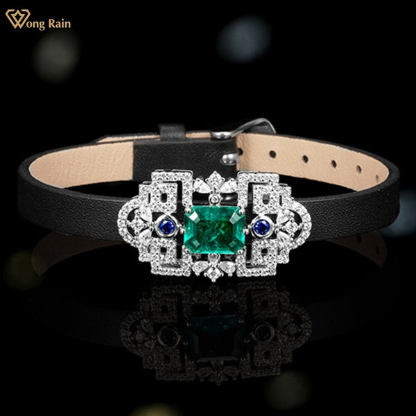 Wong Rain Vintage 925 Sterling Silver Emerald Lab Sapphire Gemstone Cowhide Bracelets Bangle Necklace Jewelry Anniversary Gift