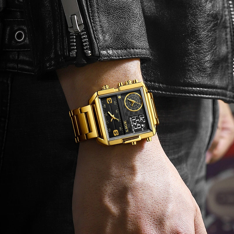 Gold Steel Square Digital Analog Quartz Watch for Man