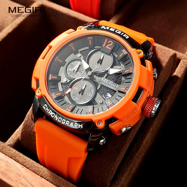 Stainless Steel Orange Silicone Sport Watch with Luminous Chronograph , Dates for Men