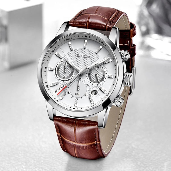 Stainless Steel Leather Casual Quartz Watch with Date & Chronograph for Men