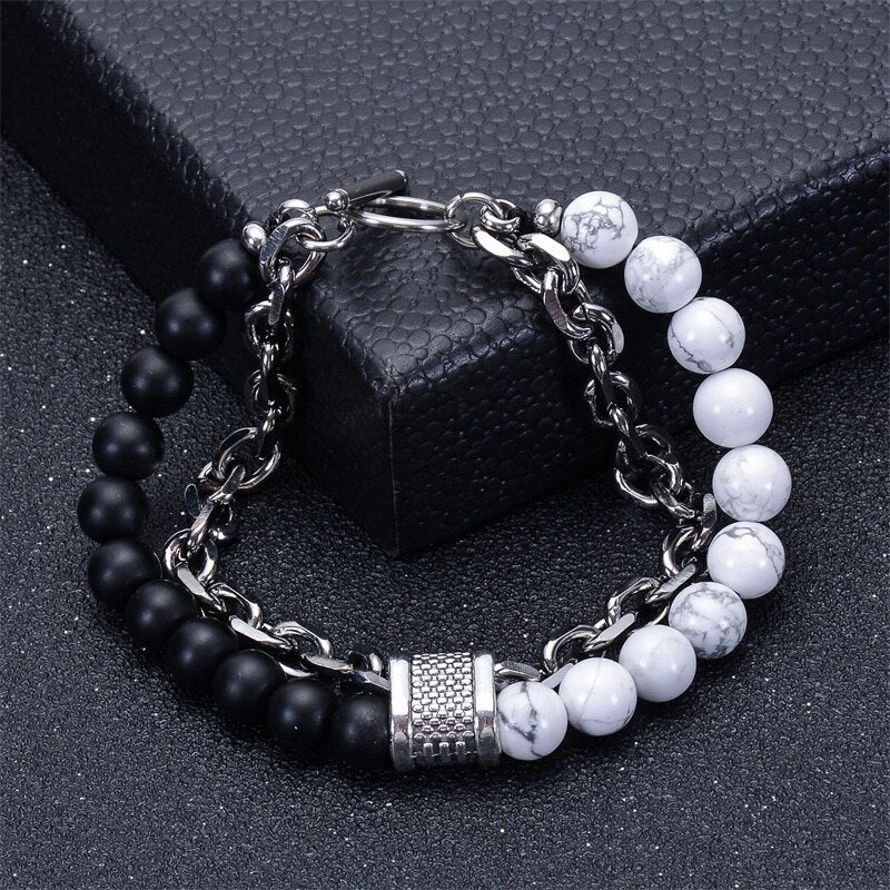 Stainless Steel Natural Map Stone Beaded Bracelet for Men