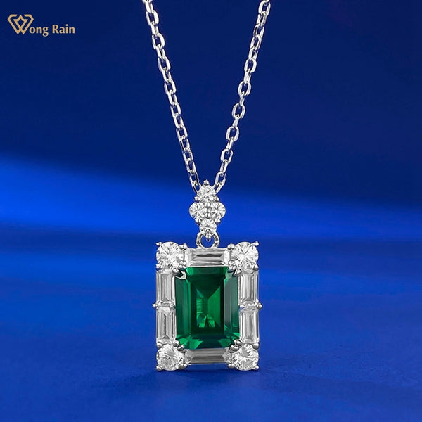 Wong Rain Vintage 925 Sterling Silver 2CT Emerald High Carbon Diamond Gemstone Pendant Necklace for Women Jewelry Wholesale
