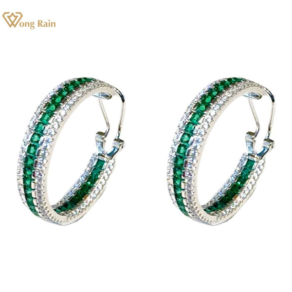 Wong Rain Solid 925 Sterling Silver 3EX VVS Emerald Row Synthetic Diamond 30MM Hoop Earrings Fine Jewelry Gift Drop Shipping