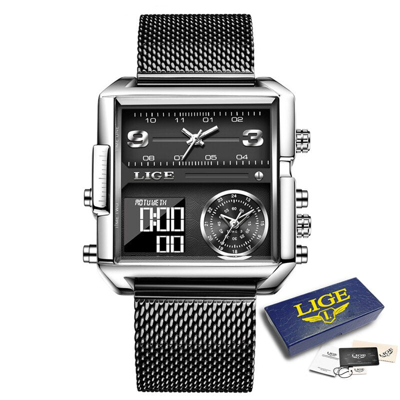 Gold Steel Square Digital Analog Quartz Watch for Man