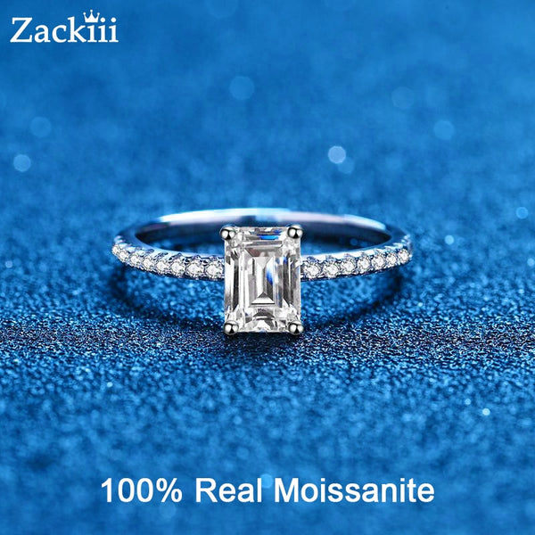 Zackiii Emerald/Radiant Cut 1ct Moissanite Diamond Ring for Women Sparkly Halo Wedding Promise Band Platinum Plated 925 Silver