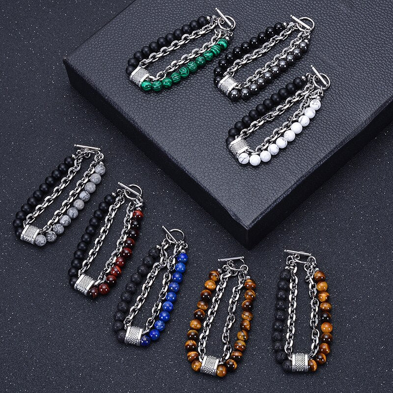 Stainless Steel Natural Map Stone Beaded Bracelet for Men