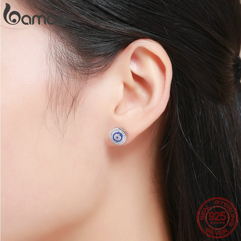 Sterling Silver Blue Zircon Evil Eye Stud Earrings for Women