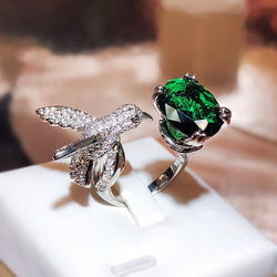 Sterling Silver Simulation Santa Maria Green Oval Hummingbird Ring for Her