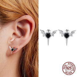 Sterling Silver Heart Wings Stud Earrings with Red & Black Zircon for Women