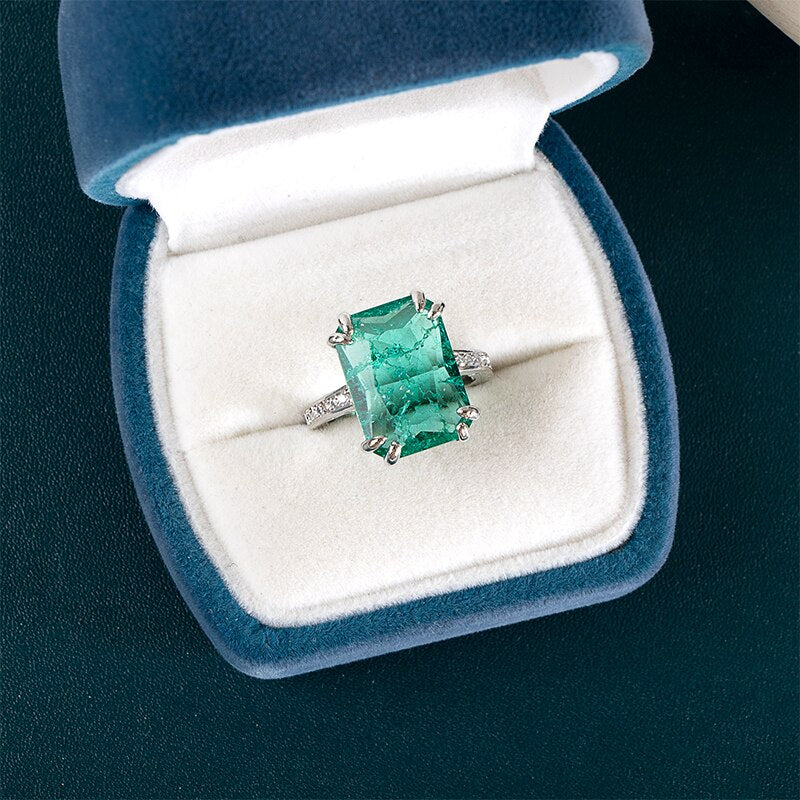 Sterling Silver Rectangle Green Gemstone Ring for Women