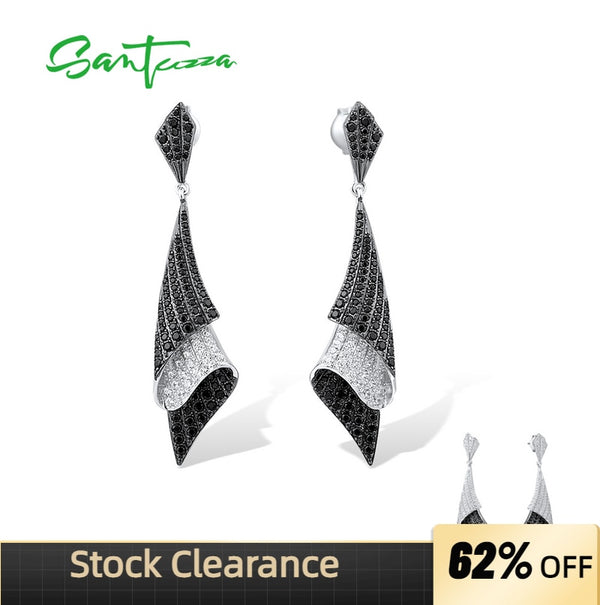 925 Sterling Silver Folded Black Spinel and White Cubic Zirconia Earrings for Woman