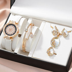 Sterling Silver Round Quartz Watch Necklace Bracelet Earrings Ring Set for Women