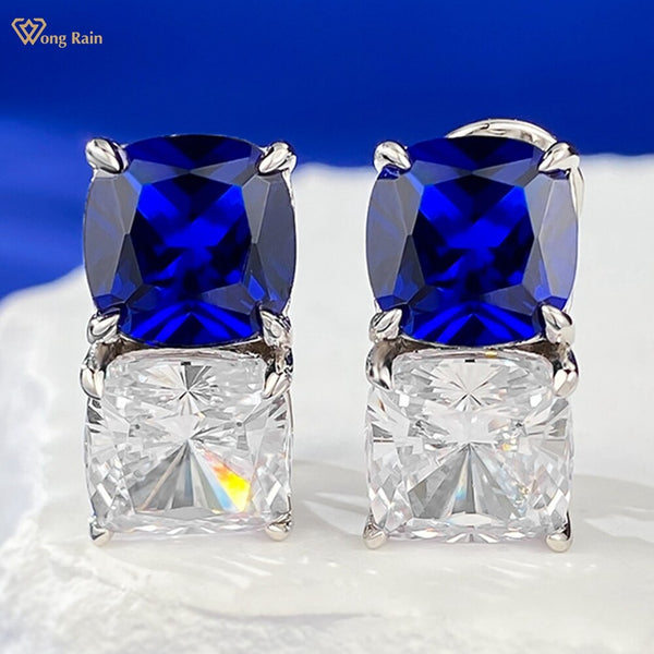 Wong Rain 925 Sterling Silver 4CT Sapphire High Carbon Diamond Gemstone Fine Studs Earrings Fashion Jewelry Free Shipping