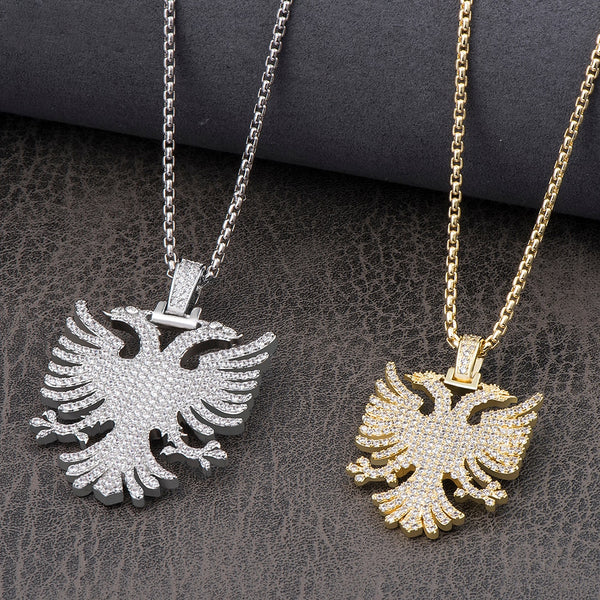 Gold Plated Cubic Zirconia Albanian Eagle Pendant Necklaces for Men