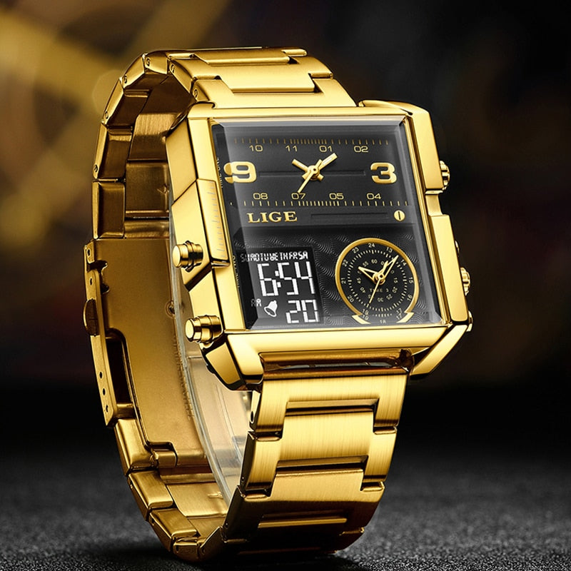 Gold Steel Square Digital Analog Quartz Watch for Man