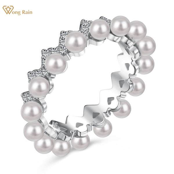Wong Rain Plated 925 Sterling Silver 3MM Pearl Lab Sapphire Gemstone Fine Ring for Women Band Jewelry Gifts Wholesale