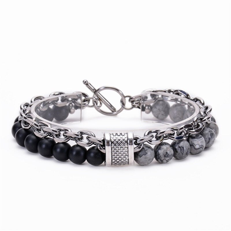 Stainless Steel Natural Map Stone Beaded Bracelet for Men