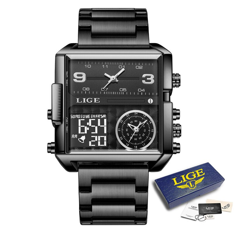 Gold Steel Square Digital Analog Quartz Watch for Man